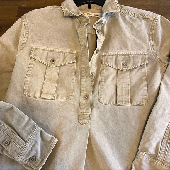 Madewell Pop Over Shirt Utility Military Tunic Oversized Long Line Tan Ash Green - Picture 10 of 13